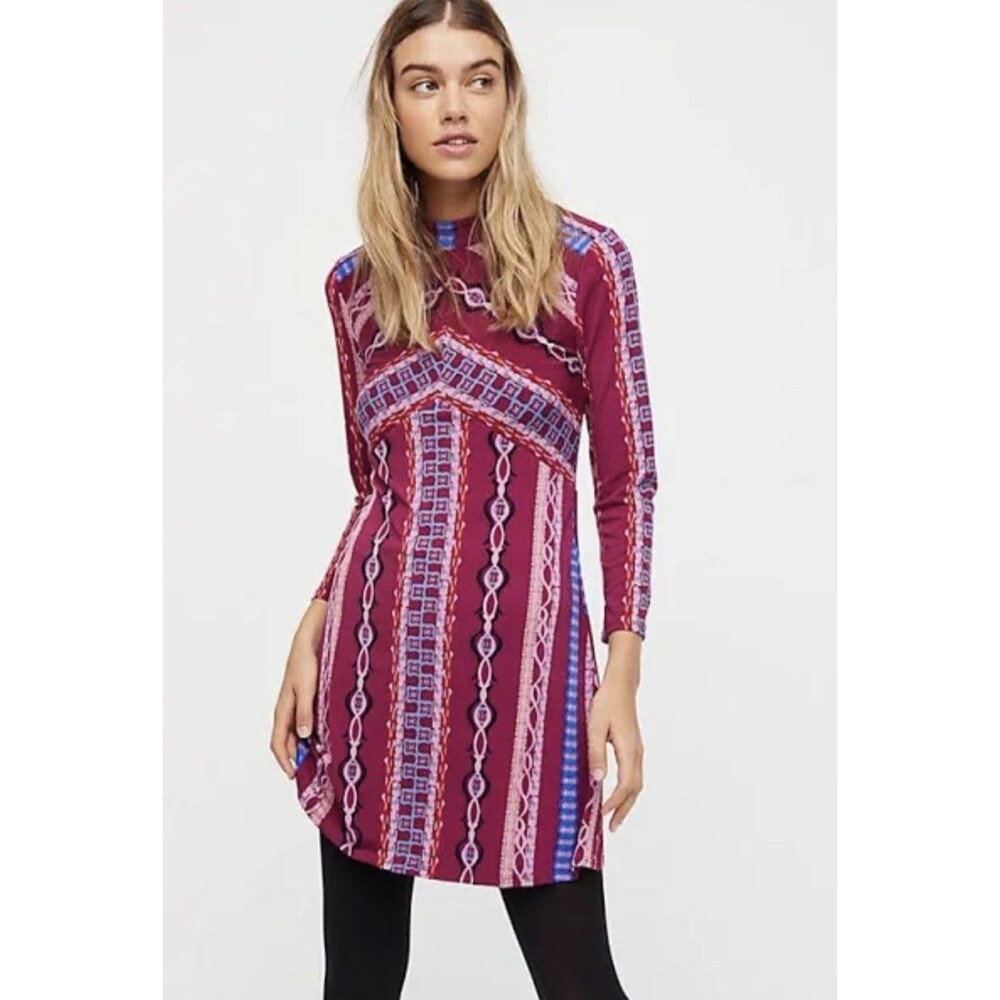 Free Peopleโ Purple Stella Mini Dress Small Mock Neck Tribal Print Bohemian